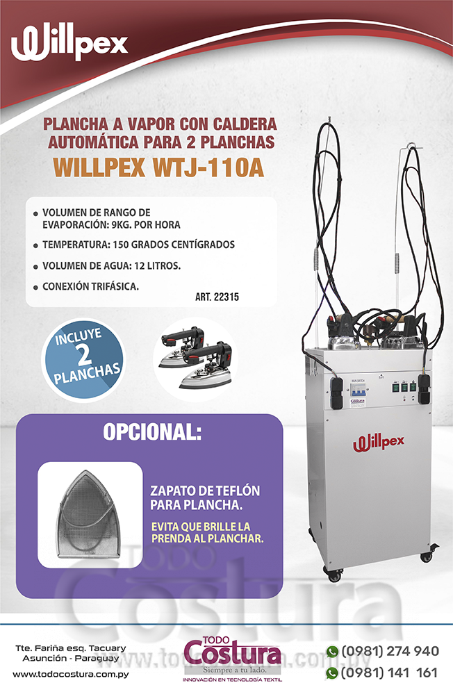PLANCHA A VAPOR CON CALDERA AUTOMATICA PARA 2 PLANCHAS WILLPEX WTJ-110A